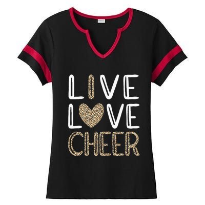 Funny Cheerleading Girls Leopard Cheetah Print Love Cheer Ladies Halftime Notch Neck Tee