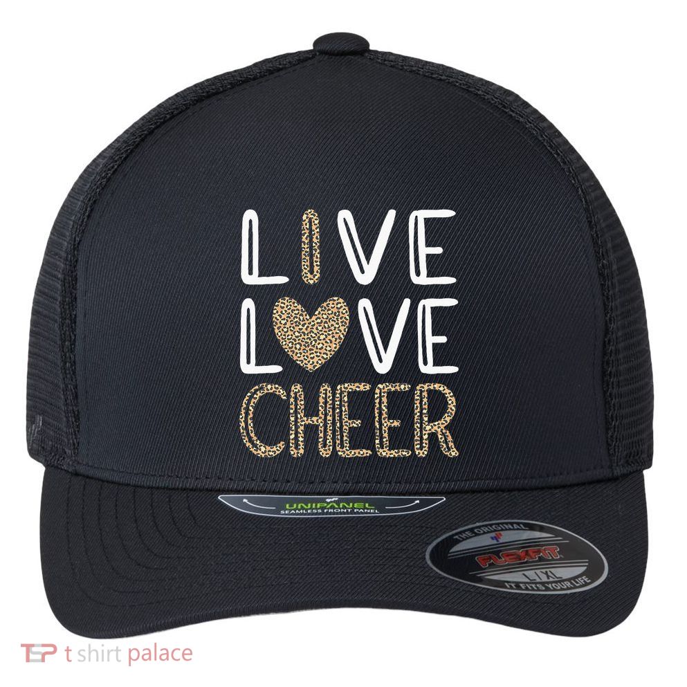 Funny Cheerleading Girls Leopard Cheetah Print Love Cheer Flexfit Unipanel Trucker Cap