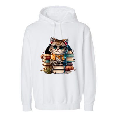 Funny Cat Gift For Kitten Lovers Cute Cat Librarian Book Garment-Dyed Fleece Hoodie