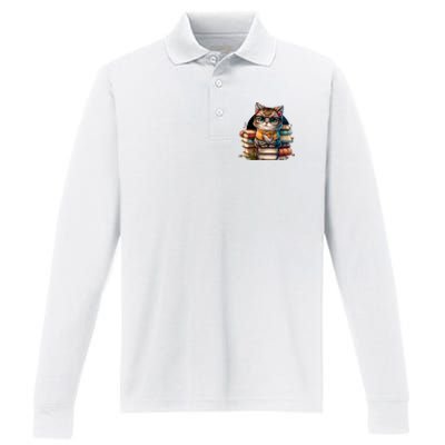 Funny Cat Gift For Kitten Lovers Cute Cat Librarian Book Performance Long Sleeve Polo