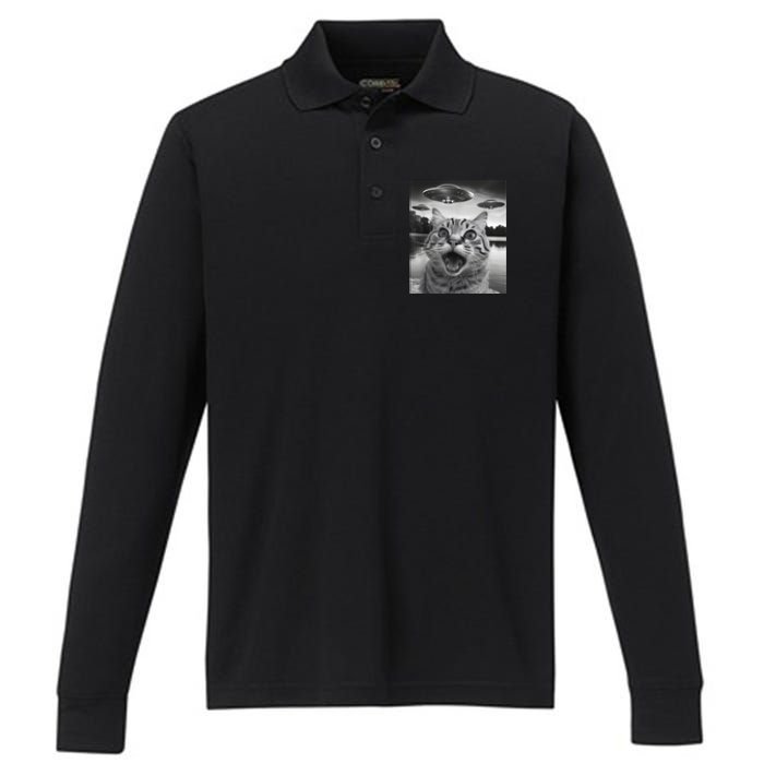 Funny Cat Graphic Ufo Weird Performance Long Sleeve Polo