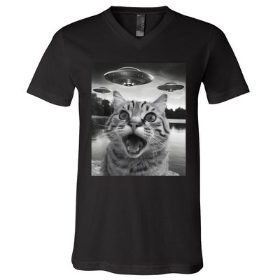 Funny Cat Graphic Ufo Weird V-Neck T-Shirt