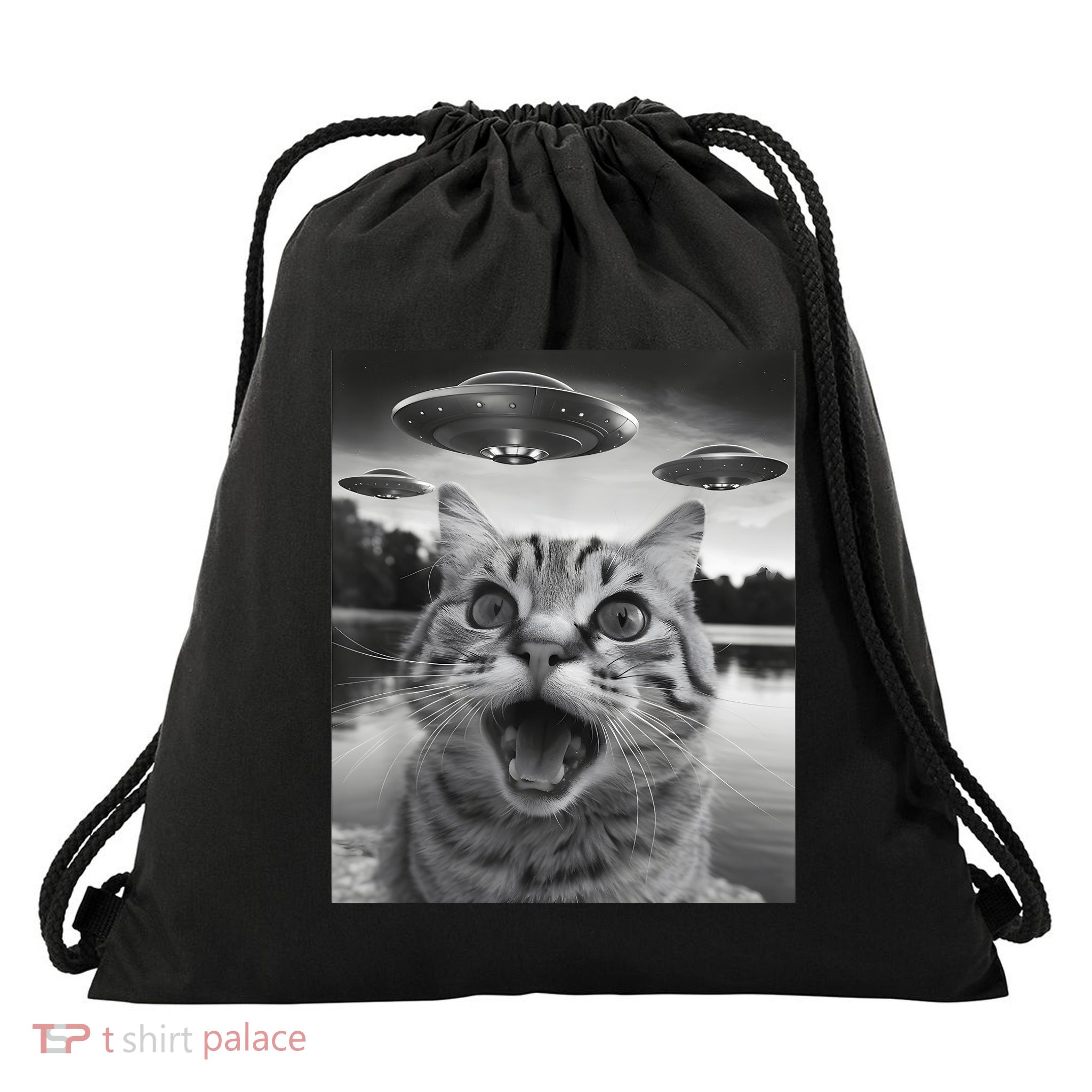 Funny Cat Graphic Ufo Weird Drawstring Bag