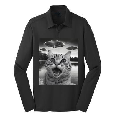 Funny Cat Graphic Ufo Weird Silk Touch Performance Long Sleeve Polo