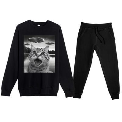 Funny Cat Graphic Ufo Weird Premium Crewneck Sweatsuit Set