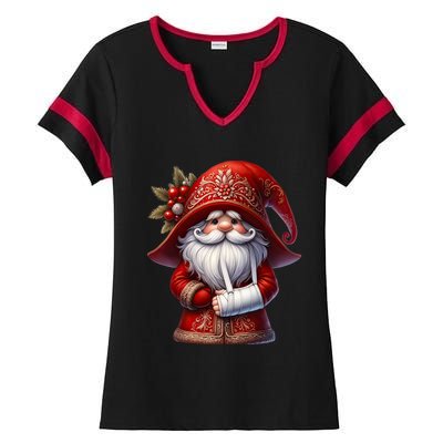 Funny Christmas Gnome With Broken Arm Long Sleeve Ladies Halftime Notch Neck Tee