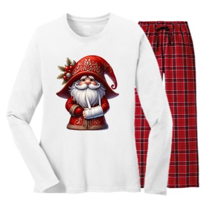 Funny Christmas Gnome With Broken Arm Long Sleeve Women's Long Sleeve Flannel Pajama Set 