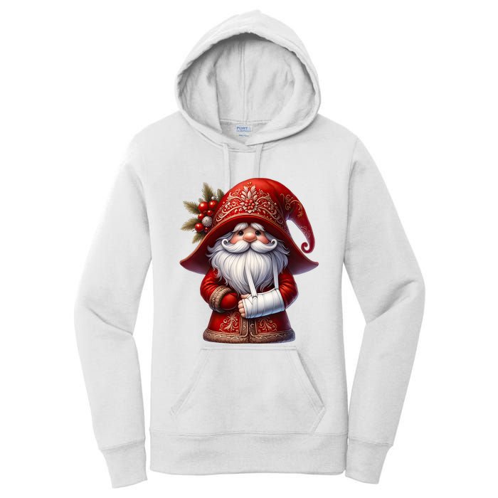 Funny Christmas Gnome With Broken Arm Long Sleeve Women's Pullover Hoodie