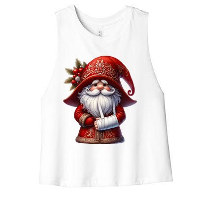 Funny Christmas Gnome With Broken Arm Long Sleeve Women's Racerback Cropped Tank