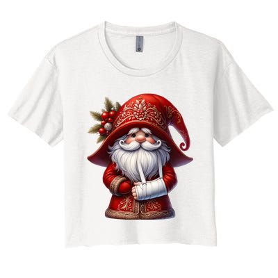 Funny Christmas Gnome With Broken Arm Long Sleeve Women's Crop Top Tee