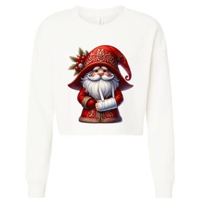 Funny Christmas Gnome With Broken Arm Long Sleeve Cropped Pullover Crew