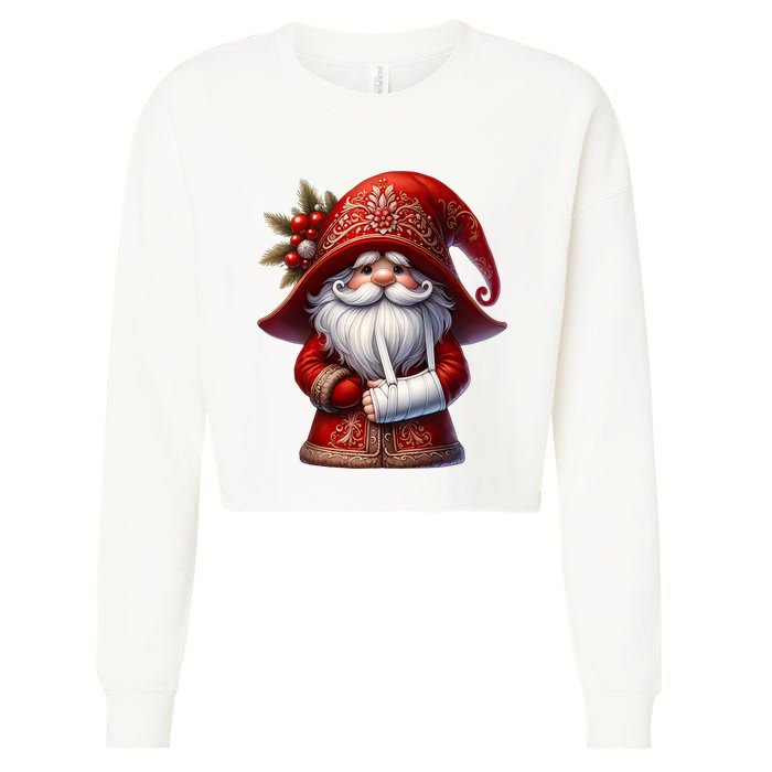 Funny Christmas Gnome With Broken Arm Long Sleeve Cropped Pullover Crew