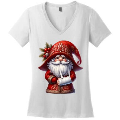 Funny Christmas Gnome With Broken Arm Long Sleeve Women's V-Neck T-Shirt