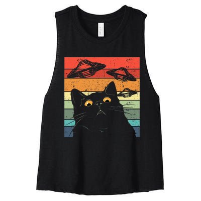 Funny Cat  Galaxy Cat Spaceship Alien Cat Ufo Women's Racerback Cropped Tank