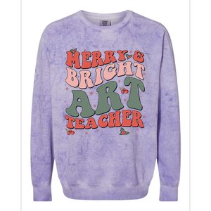 Funny Christmas Groovy Merry And Bright Art Teacher Costume Colorblast Crewneck Sweatshirt