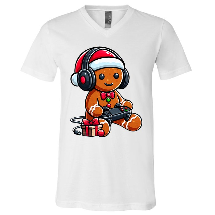 Funny Christmas Gamer Gingerbread Xmas Gaming V-Neck T-Shirt