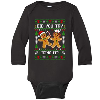 Funny Christmas Gingerbread Man Nurse Did You Try Icing It Baby Long Sleeve Bodysuit