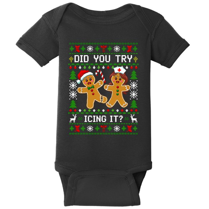 Funny Christmas Gingerbread Man Nurse Did You Try Icing It Baby Bodysuit