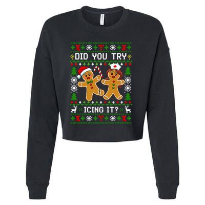 Funny Christmas Gingerbread Man Nurse Did You Try Icing It Cropped Pullover Crew