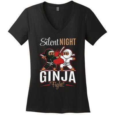 Funny Christmas Gingerbread Silent Night Ginja Fight! Women's V-Neck T-Shirt