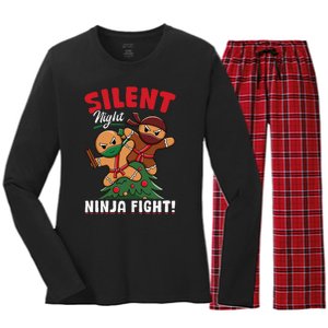 Funny Christmas Gingerbread Silent Night Ninja Fight! Women's Long Sleeve Flannel Pajama Set 