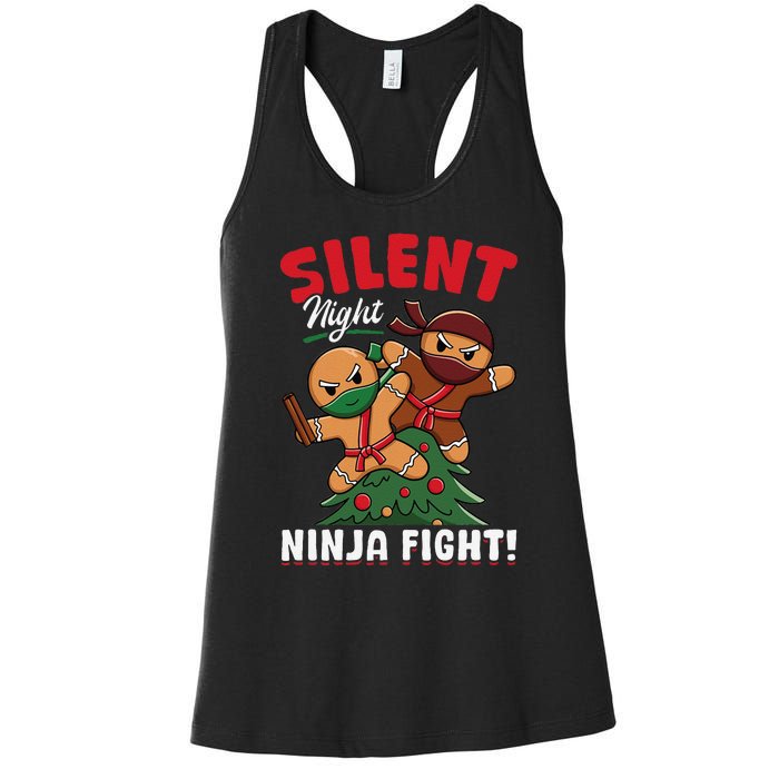 Funny Christmas Gingerbread Silent Night Ninja Fight! Women's Racerback Tank