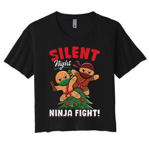 Funny Christmas Gingerbread Silent Night Ninja Fight! Women's Crop Top Tee