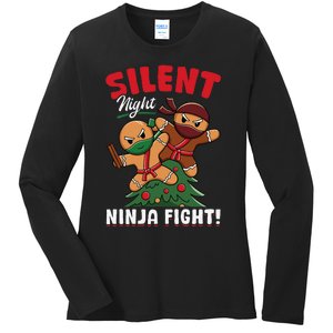 Funny Christmas Gingerbread Silent Night Ninja Fight! Ladies Long Sleeve Shirt