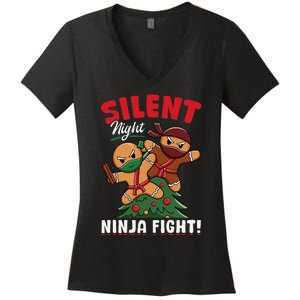 Funny Christmas Gingerbread Silent Night Ninja Fight! Women's V-Neck T-Shirt