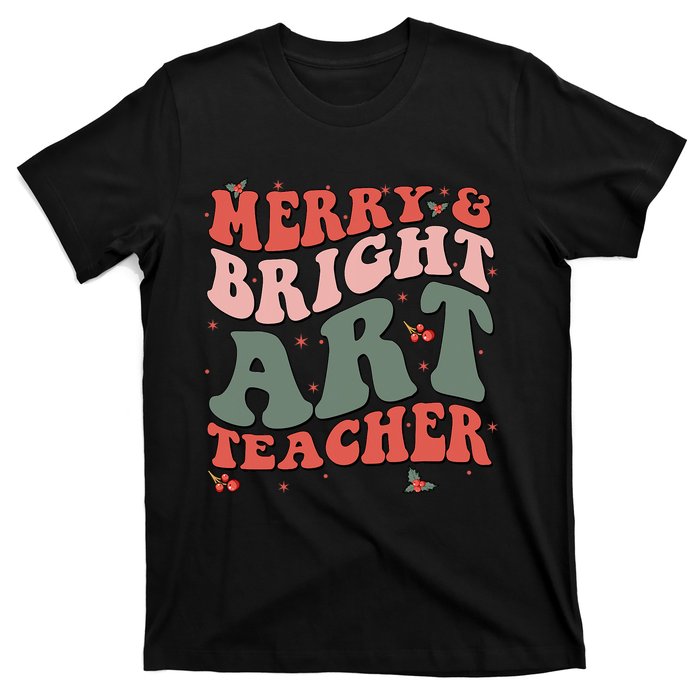 Funny Christmas Groovy Merry And Bright Art Teacher Costume T-Shirt