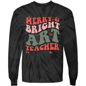 Funny Christmas Groovy Merry And Bright Art Teacher Costume Tie-Dye Long Sleeve Shirt