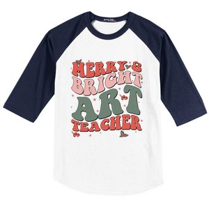 Funny Christmas Groovy Merry And Bright Art Teacher Costume Baseball Sleeve Shirt