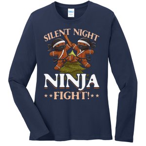 Funny Christmas Gingerbread Silent Night Ninja Fight! Ladies Long Sleeve Shirt