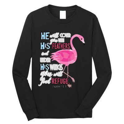 Flamingo Christian Gift Psalm 91 Bible Verse Long Sleeve Shirt