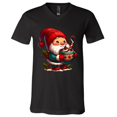 Funny Coffee Gnome Christmas Cute Hot Chocolate Gnome V-Neck T-Shirt