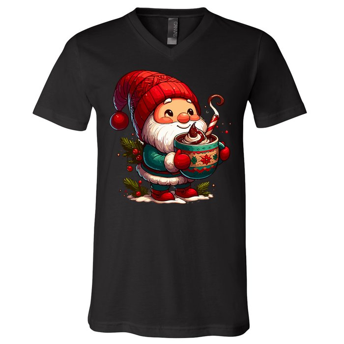 Funny Coffee Gnome Christmas Cute Hot Chocolate Gnome V-Neck T-Shirt