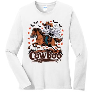 Fun Cowboo Ghost Riding Horse Western Cowboy Ghost Halloween Ladies Long Sleeve Shirt