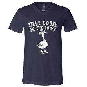 Funny Cute Goose Cowboy Goose Lover Silly Goose On The Loose V-Neck T-Shirt