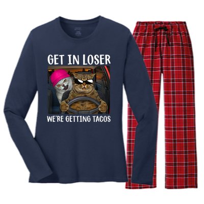 Funny Cats Get In Loser We're Getting Tacos Women's Long Sleeve Flannel Pajama Set 