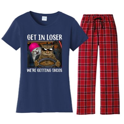 Funny Cats Get In Loser We're Getting Tacos Women's Flannel Pajama Set