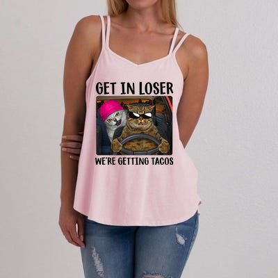 Funny Cats Get In Loser We're Getting Tacos Women's Strappy Tank