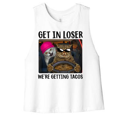 Funny Cats Get In Loser We're Getting Tacos Women's Racerback Cropped Tank