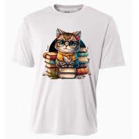 Funny Cat Gift For Kitten Lovers Cute Cat Librarian Book Cooling Performance Crew T-Shirt