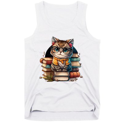 Funny Cat Gift For Kitten Lovers Cute Cat Librarian Book Tank Top