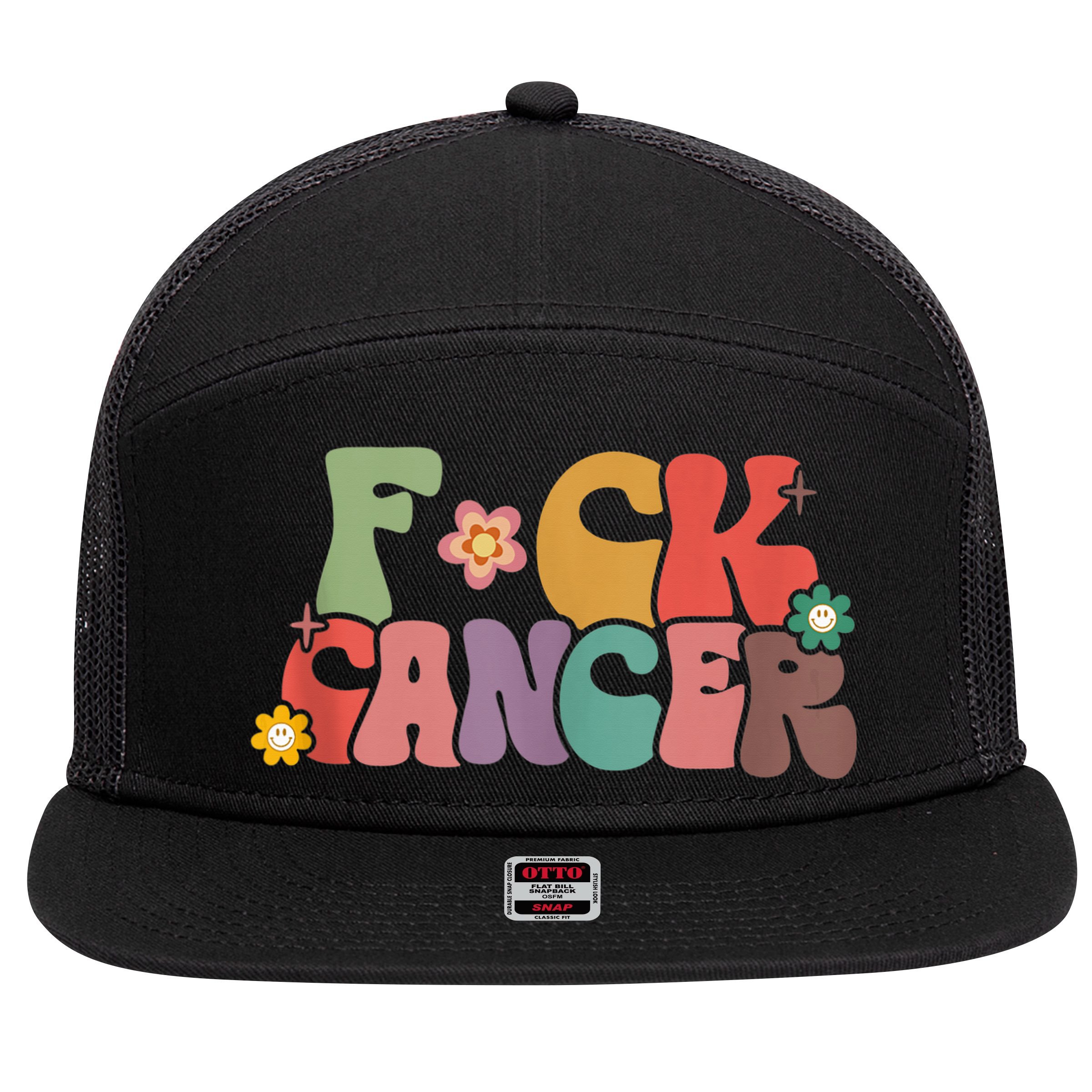 Fuck Cancer Groovy Retro 7 Panel Mesh Trucker Snapback Hat