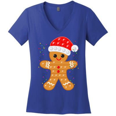 Funny Christmas Gingerbread Cookie Santa Cap Pop It Toy Xmas Cute Gift Women's V-Neck T-Shirt