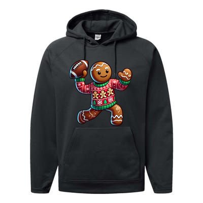 Football Christmas Gingerbread Man Football Ugly Christmas Hoodie Performance Fleece Hoodie