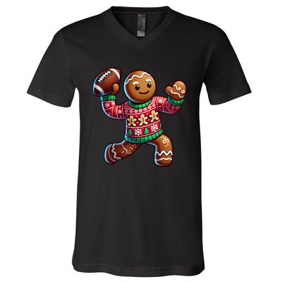 Football Christmas Gingerbread Man Football Ugly Christmas Hoodie V-Neck T-Shirt