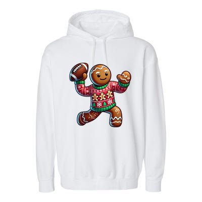 Football Christmas Gingerbread Man Football Ugly Christmas Hoodie Garment-Dyed Fleece Hoodie