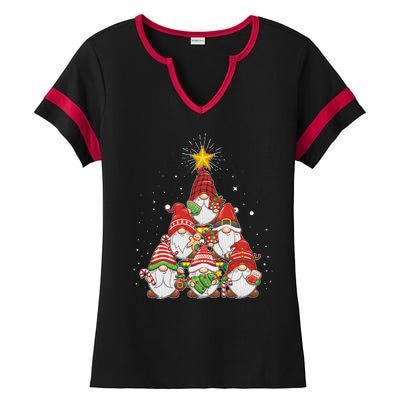 Funny Christmas Gnome Tree Ladies Halftime Notch Neck Tee